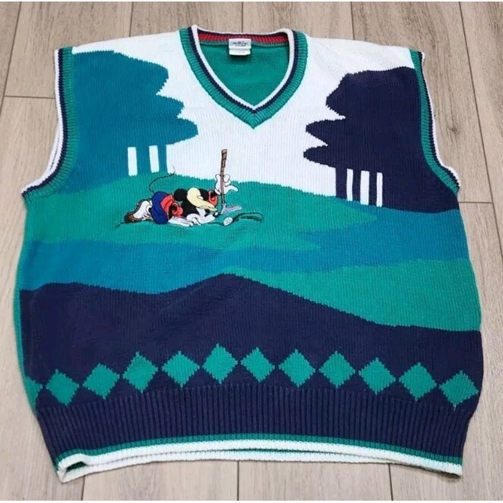 Vintage 90s Disney Store Mickey Mouse Golf Sweater Vest Men's XL Cotton Argyle